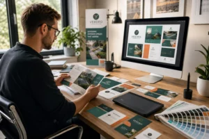 A professional graphic designer working at a desk with print materials and design tools