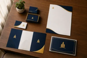 A flat-lay of professional print branding materials for a local business — visiting cards, brochure, letterhead, and a small signboard mockup arranged neatly on a wooden desk